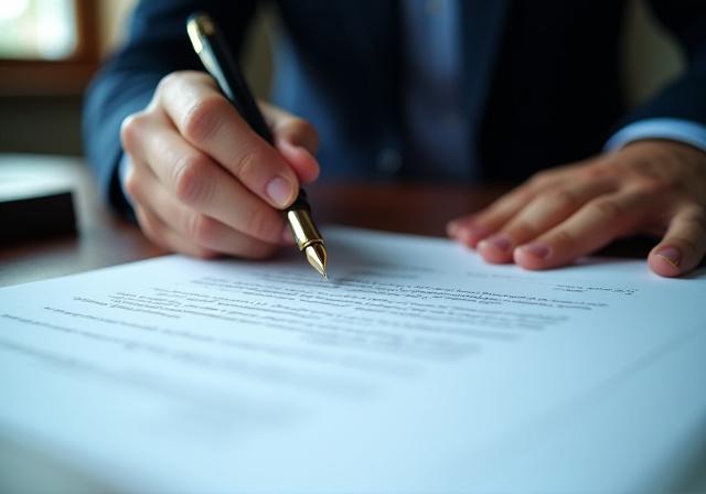 Professional lawyer reviewing a complex commercial contract with focused attention